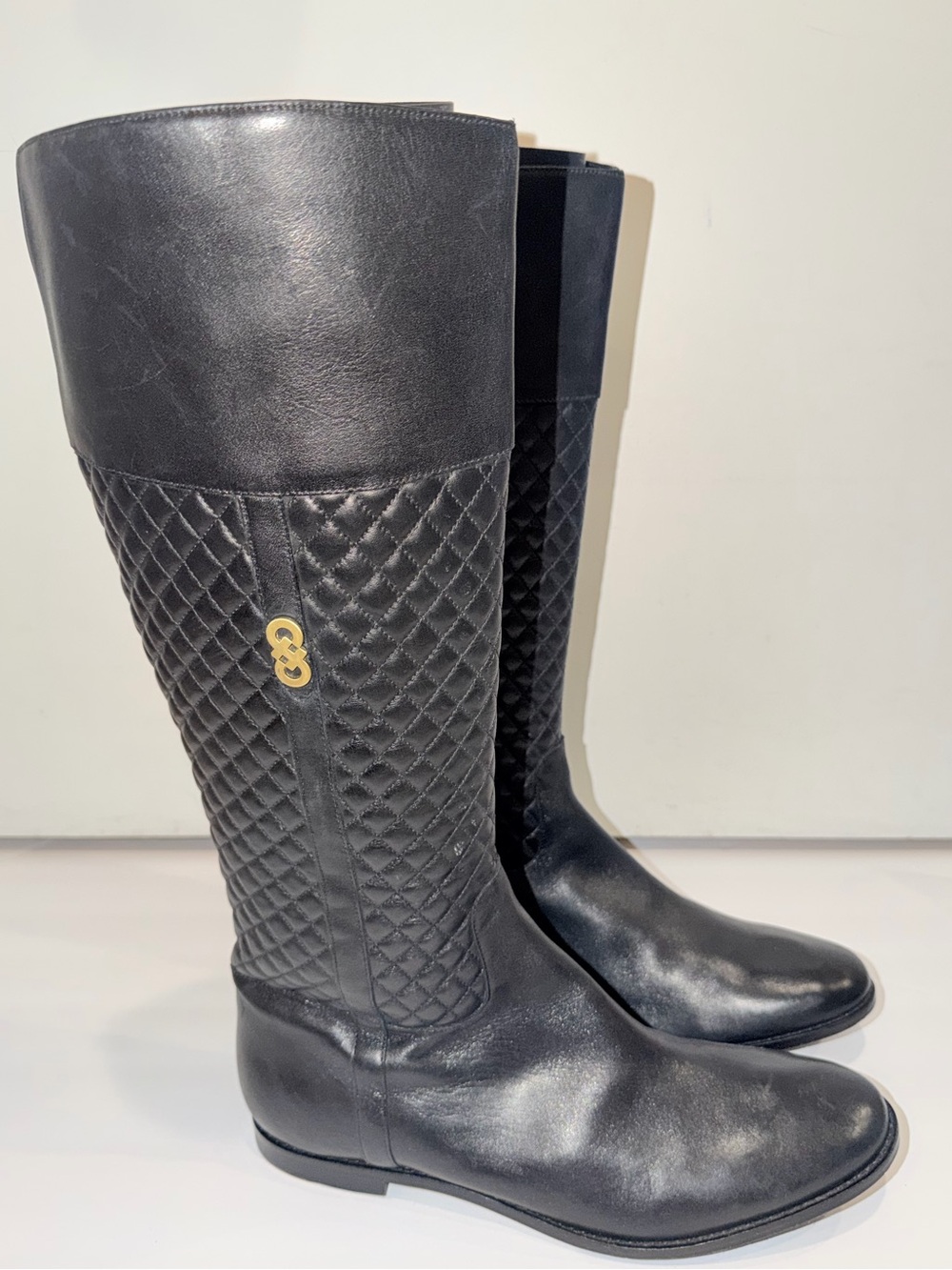 BN Cole Haan Black Quilted Tall Leather Riding Boots, Sz 11 B
